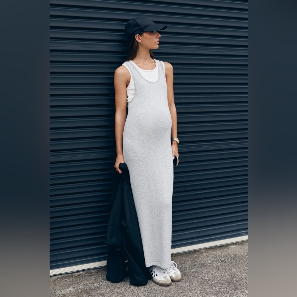 NWT LEGOE Heritage Double Layer Tank Maxi Dress Grey Marle/Off White Sz 3/XL